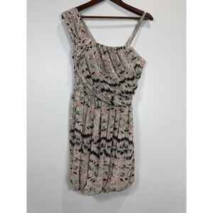 BCBGeneration One Shoulder Bubble Hem Dress Grey Pink Abstract Print Size 6